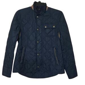 Ralph Lauren Navy Blue Quilted Jacket Calf Suede Trim Equestrian Preppy Size XS